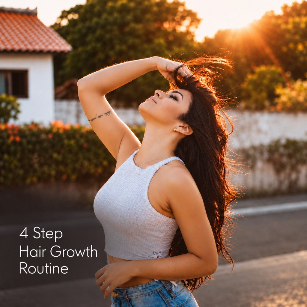Woman in sunset light with the words 4 Step Hair Growth Routine.