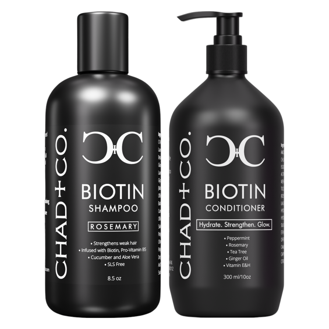 CHAD+CO Biotin Shampoo and Biotin Conditioner bottles together