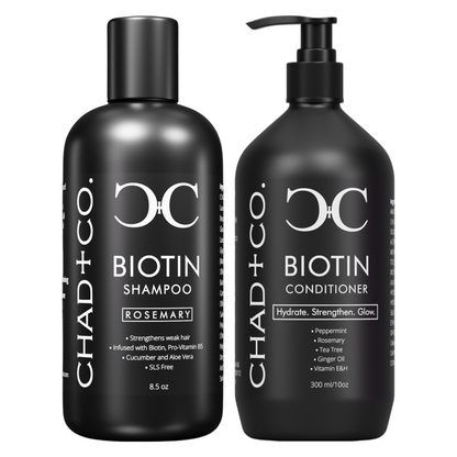 CHAD+CO Biotin Shampoo and Biotin Conditioner bottles together