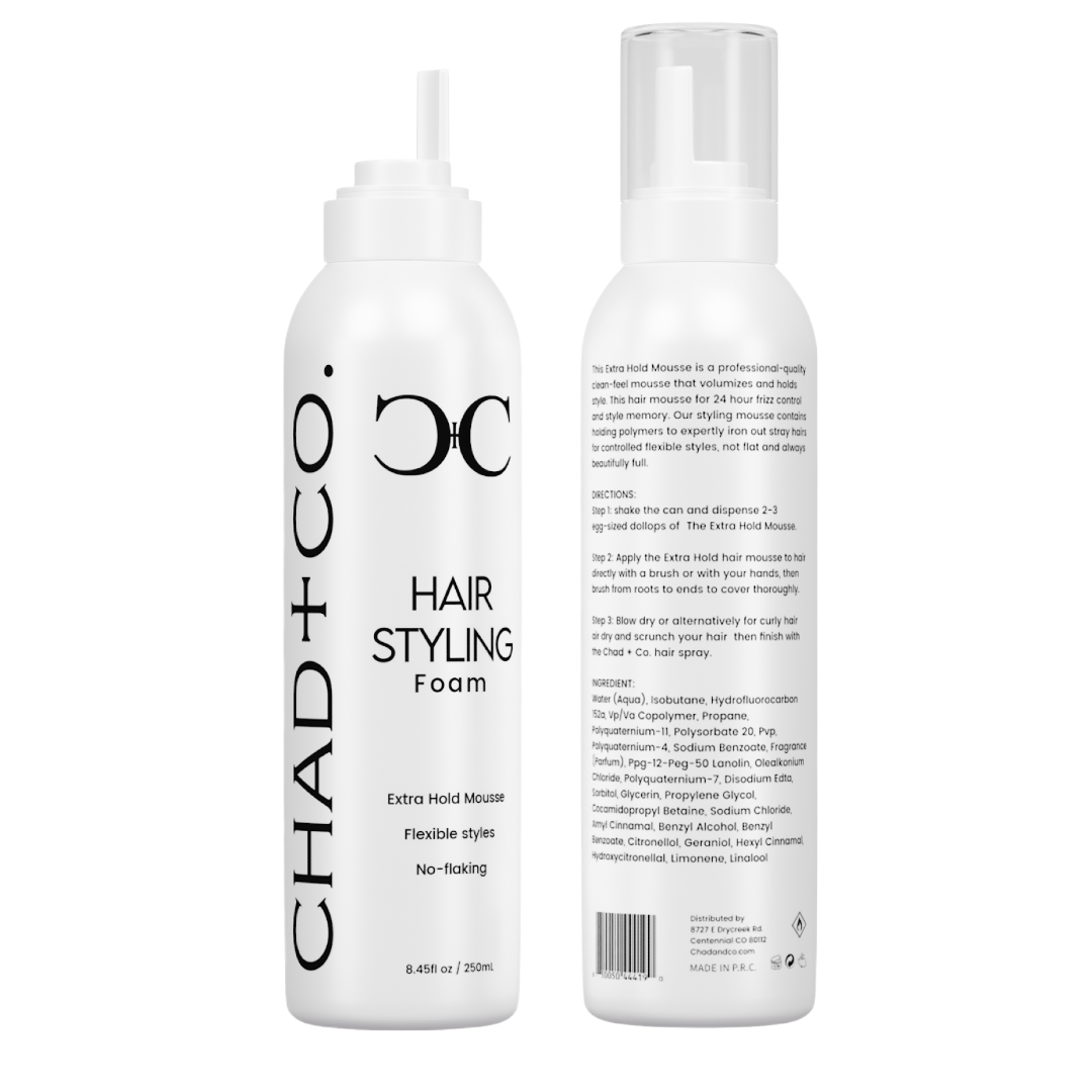 CHAD+CO Hairstyling Foam bottle on a transparent background
