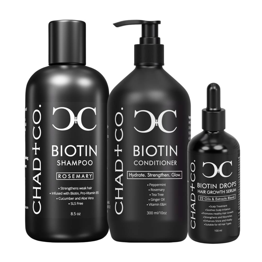 Three black bottles of Chad + Co. Biotin hair care products on a white background