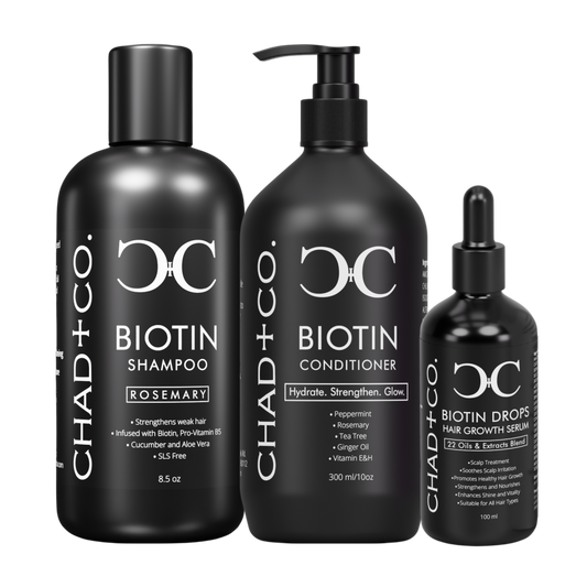 Three black bottles of Chad + Co. Biotin hair care products on a white background
