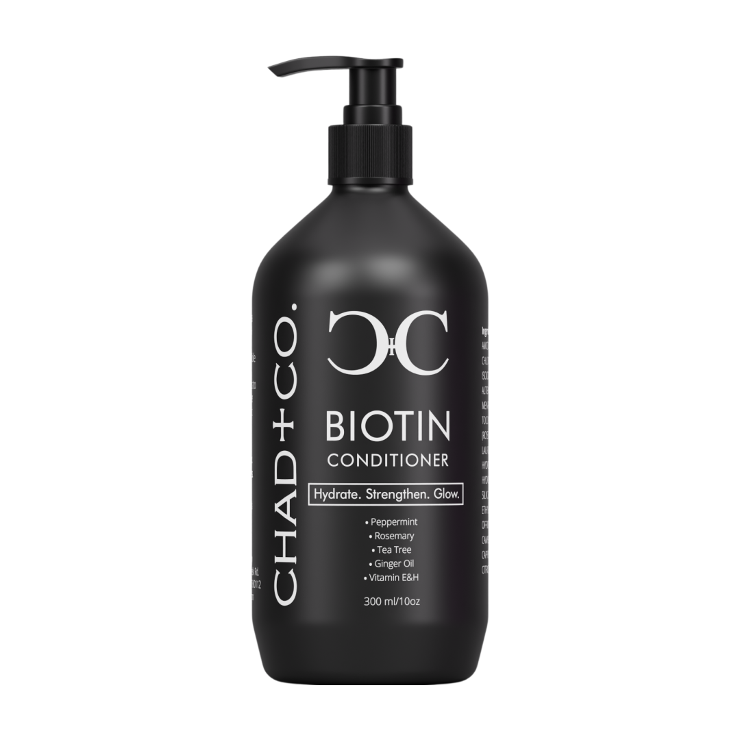 Black conditioner bottle with pump labeled 'Chad + Co. Biotin Conditioner' on a white background