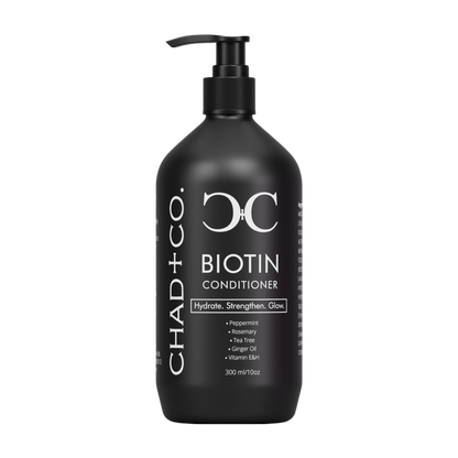 Black conditioner bottle with pump labeled 'Chad + Co. Biotin Conditioner' on a white background