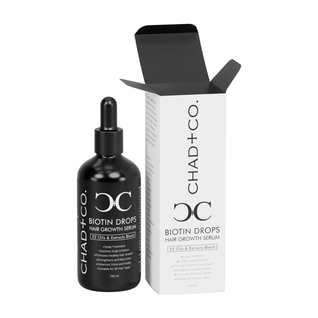 Chad + Co Biotin Drops hair growth serum bottle and packaging on a white background