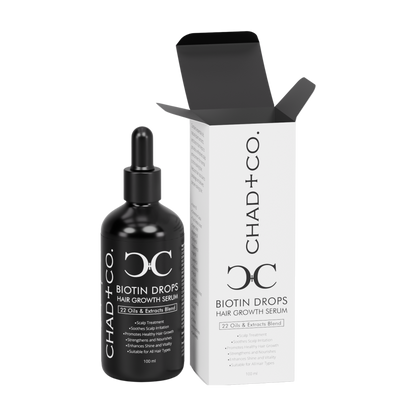 Chad + Co Biotin Drops hair growth serum bottle and packaging on a white background
