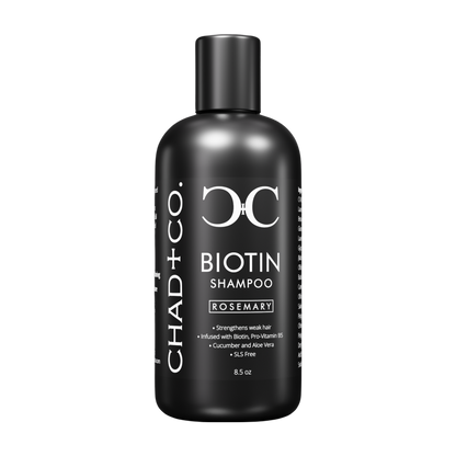 Black shampoo bottle labeled 'Chad + Co' on a white background