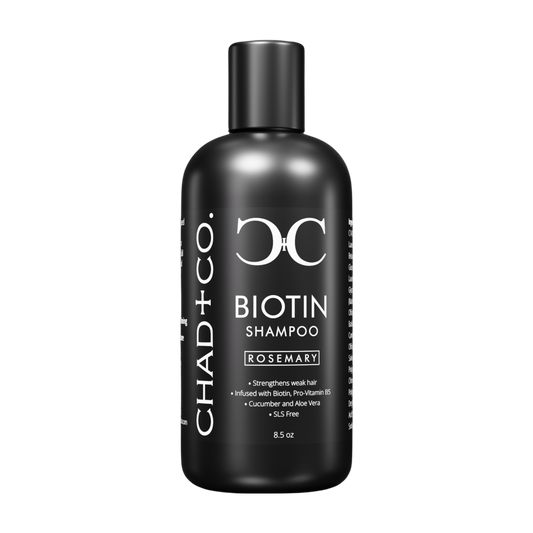 Black shampoo bottle labeled 'Chad + Co' on a white background